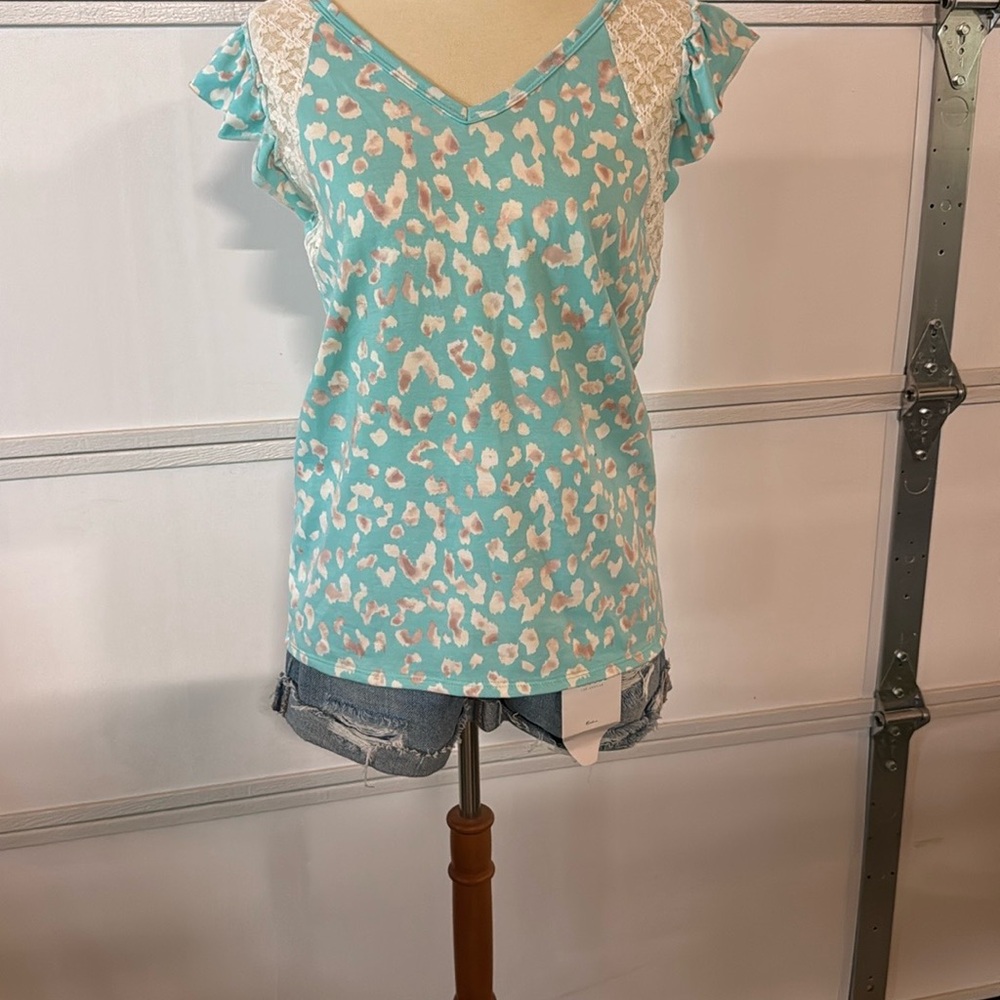 BiBi Aqua and Blush Patterned Top
